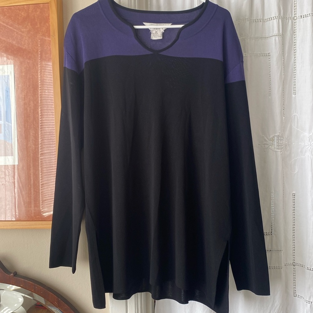 Exclusively Misook Purple Black Colorblock Long Sleeve Tunic